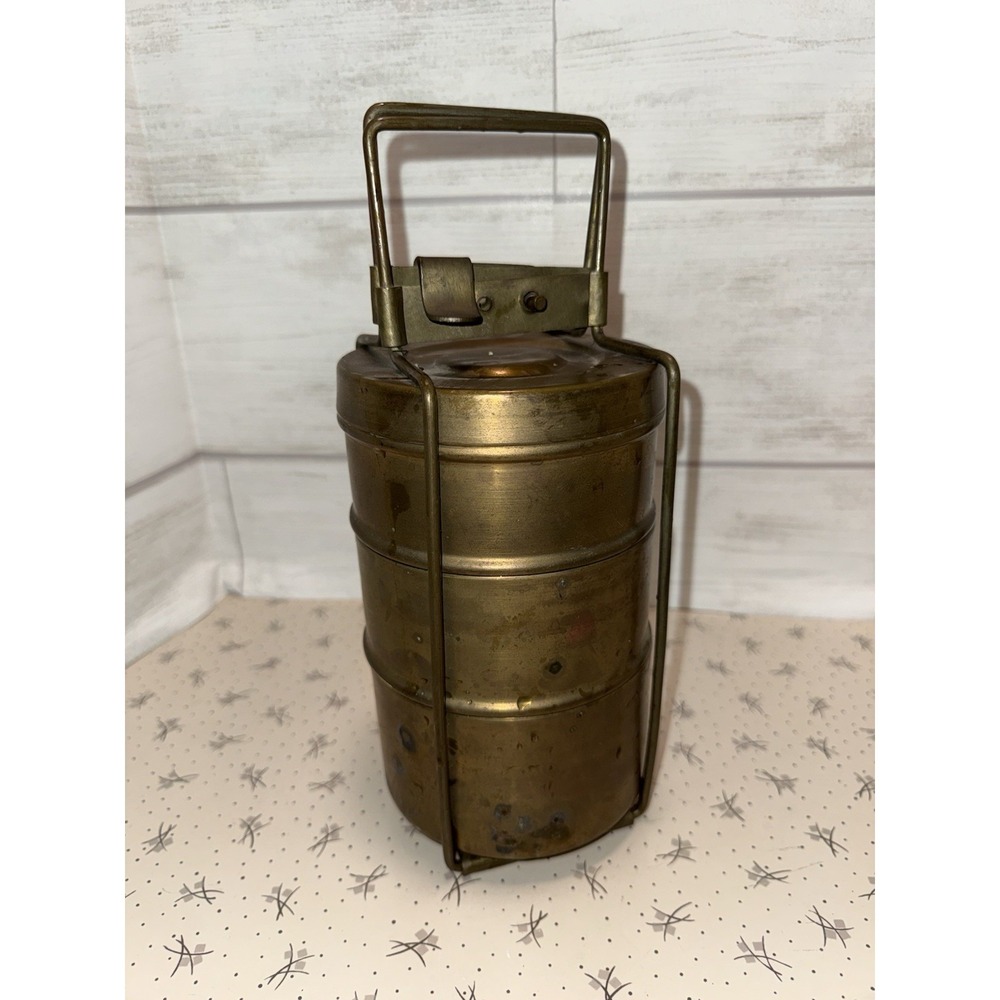 Old Brass Three Tier Tiffin Food Carrier Round Lunch Box Container Prairie